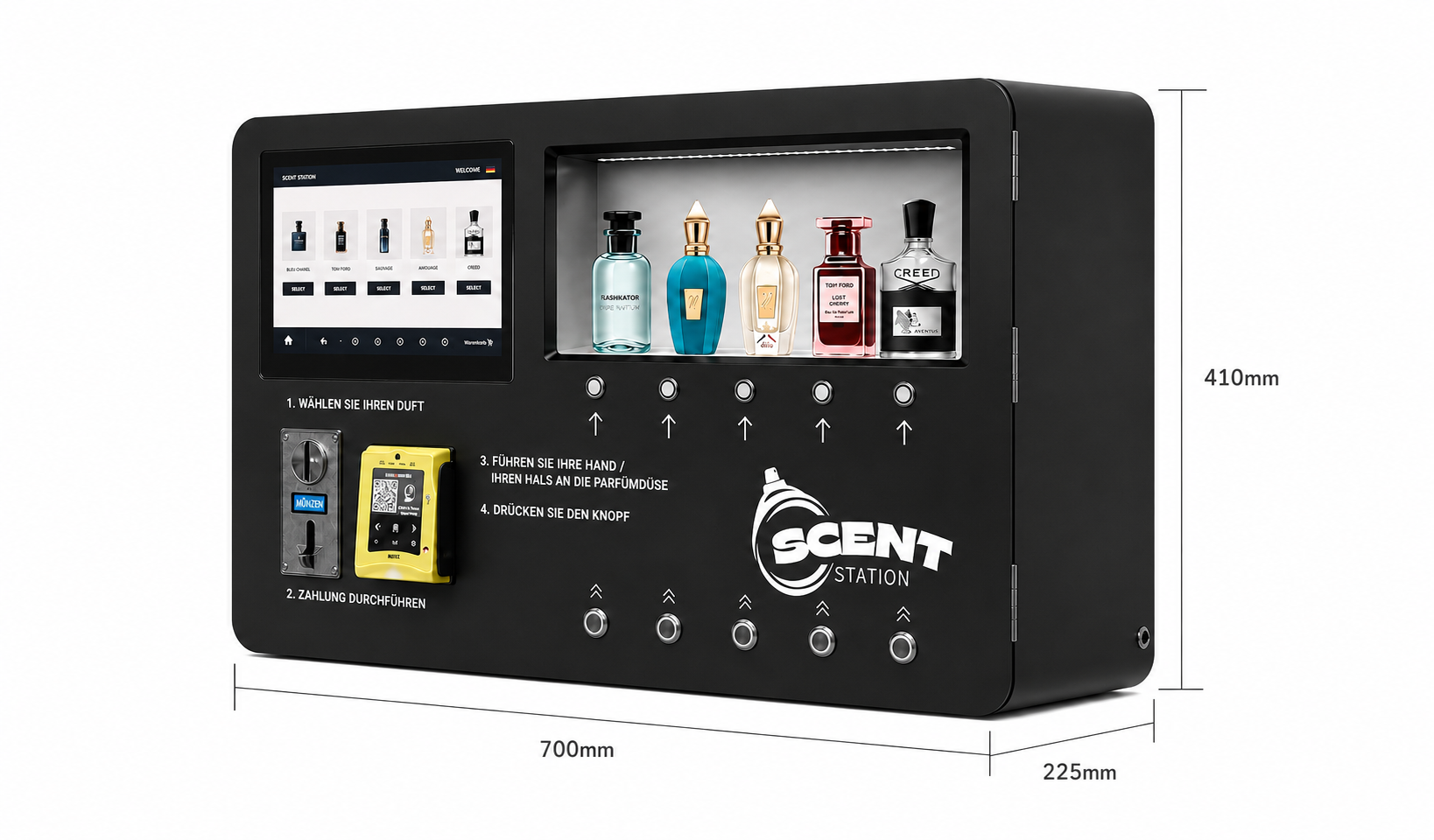 Scentstation Parfümautomat mit Maßangaben — 700 × 410 × 225 mm